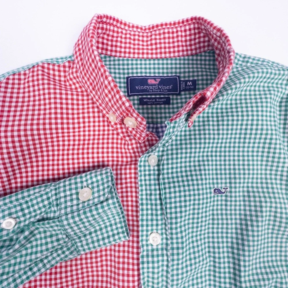 Vineyard Vines Red Blue Green Gingham Check Long‎ Sleeve Boys Medium (12-14)
